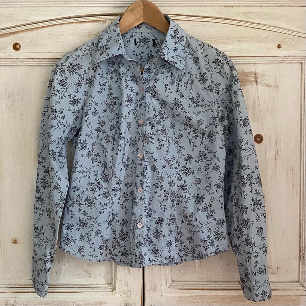 Powder Blue Button Down Shirt with Black Botanical Print XSP